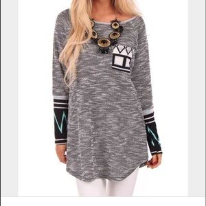 Grey Terry Tunic with Mint Accent Patterned Detail