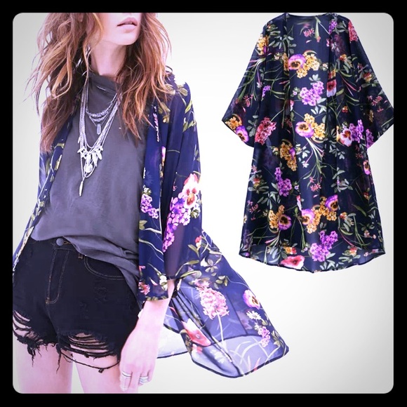 Flower Chiffon Black/Navy Blues Cardigan S/M - Picture 1 of 3