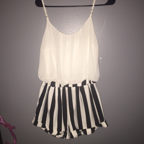 Black &white striped bottom and white top romper
