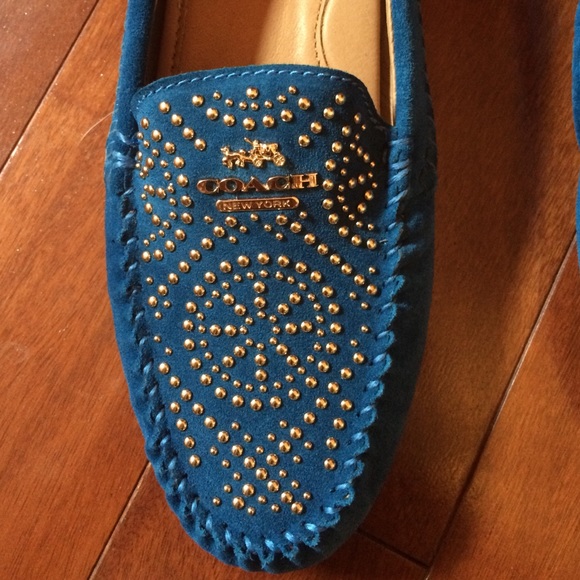 Coach Alsna Mocassin Peacock Suede with Gold Studs - Picture 2 of 4
