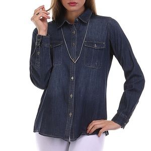 Dark button up denim shirt.
