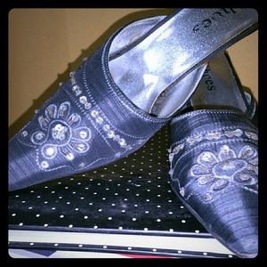 Silver embroidered slip-ons
