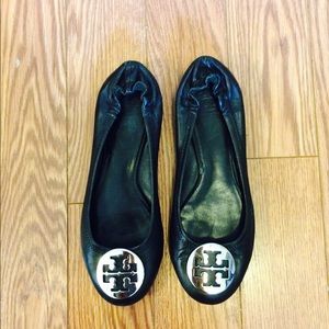 Tory Burch black leather silver plate flats