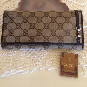 Auth Gucci GG canvas long wallet with horsebit