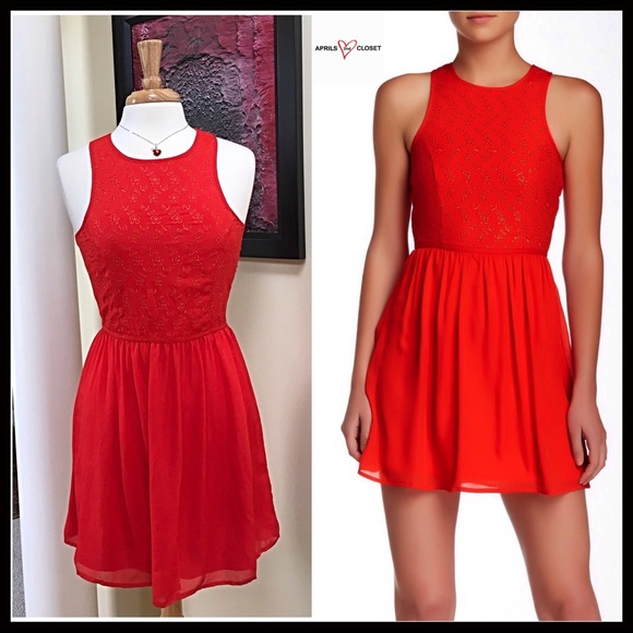 ❌SOLD❌CHERRY RED CHIFFON OVERLAY DRESS Eyelet Mini - Picture 3 of 8