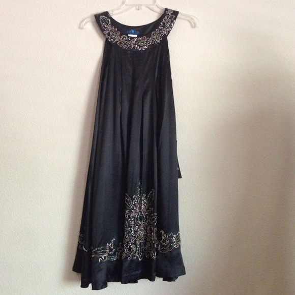 Sue Wong Black Baby Doll Satin Sleeveless Dress
