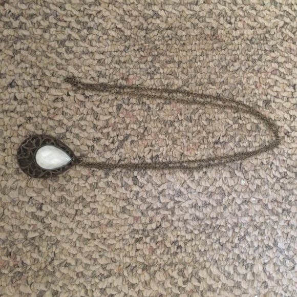 Bronze gold necklace pendant white stone teardrop