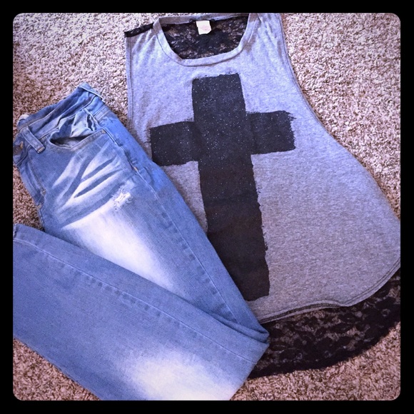 Muscle Tank w/ Cross & Black Lace Back