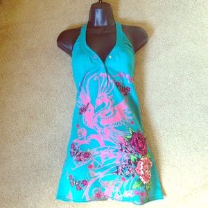 Ed Hardy turquoise and hot pink halter top