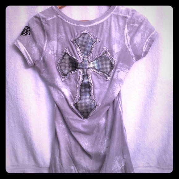 Burnout V Neck Shirt w/ Silver Cross on back