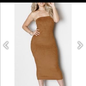 Nude midi suede strapless dress