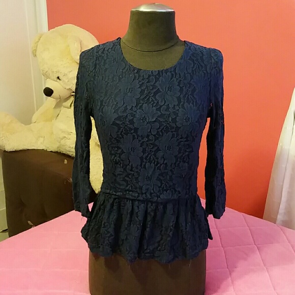 Navy Blue Laced Peplum Shirt