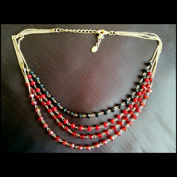 Red/Charcoal Gradient Beaded Layered Necklace - Picture 2 of 2