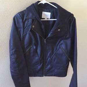 Faux Leather Navy Blue Hooded Moto Jacket