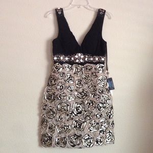 Sue Wong Rosette Beige Black Cocktail Short Dress