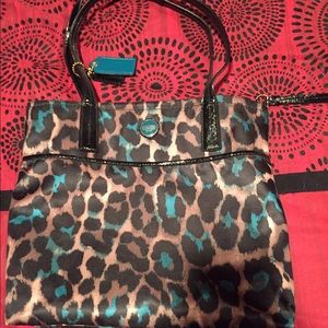 Leopard print Coach purse. Turquoise accents
