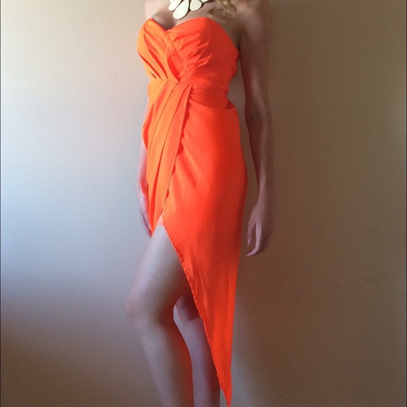 Neon Orange strapless high/low dress