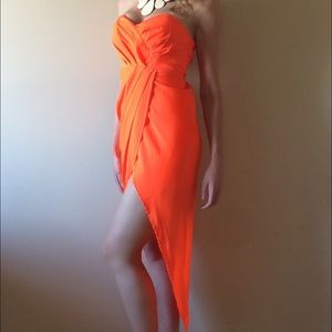 Neon Orange strapless high/low dress