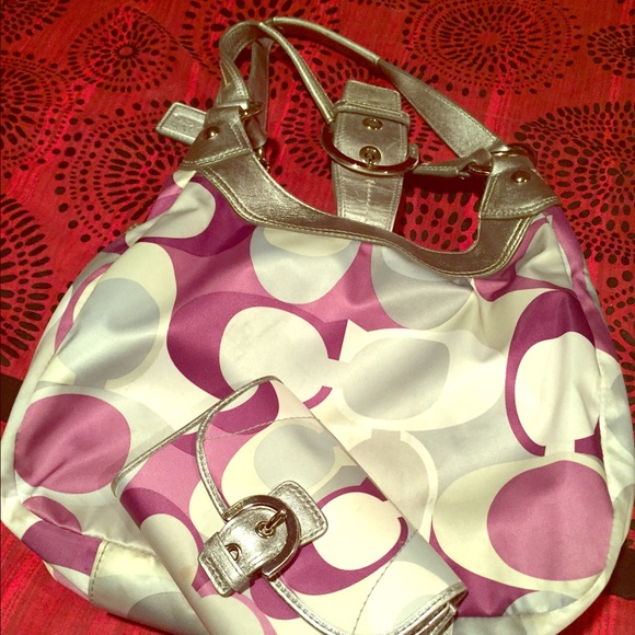 Purple and silver coach bag AND small wallet