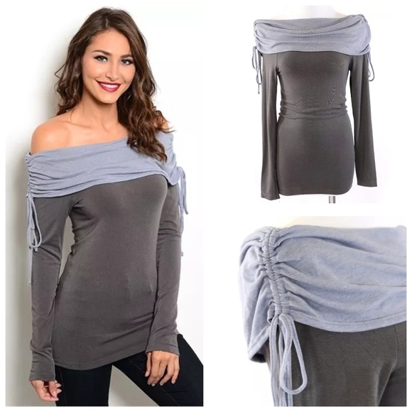 Geshem Tops - D11 Two Tone Gray Off Shoulder Stretch Tunic Top