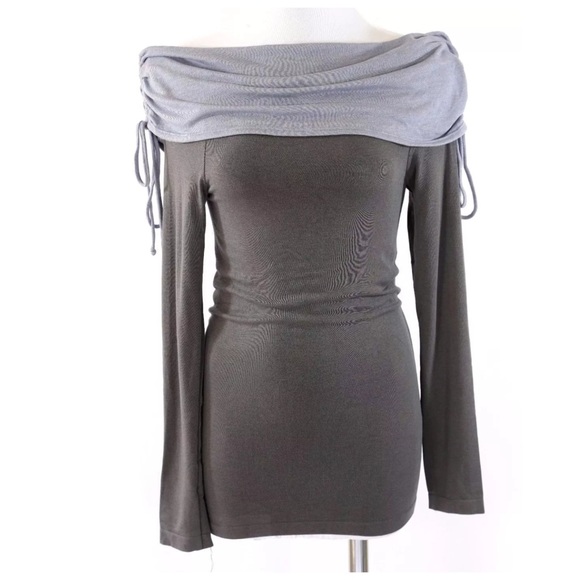 D11 Two Tone Gray Off Shoulder Stretch Tunic Top - Picture 2 of 4