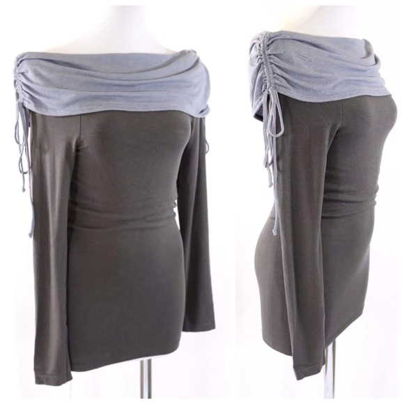 D11 Two Tone Gray Off Shoulder Stretch Tunic Top - Picture 3 of 4