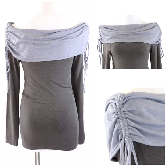 D11 Two Tone Gray Off Shoulder Stretch Tunic Top - Picture 4 of 4
