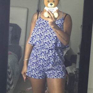 Blue and white floral romper