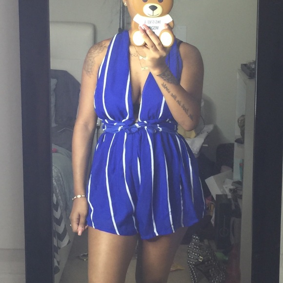 Blue and white striped romper