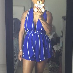 Blue and white striped romper