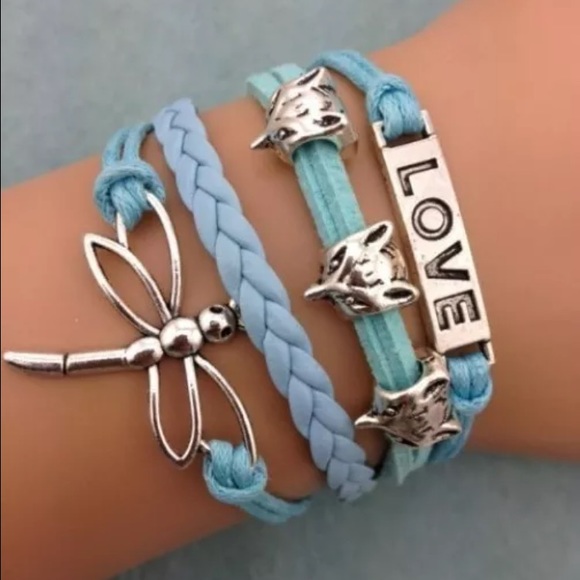 Love, dragonfly, fox charms leather bracelet.