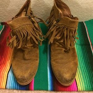 Sam Edelman slouchy brown suede fringe booties.