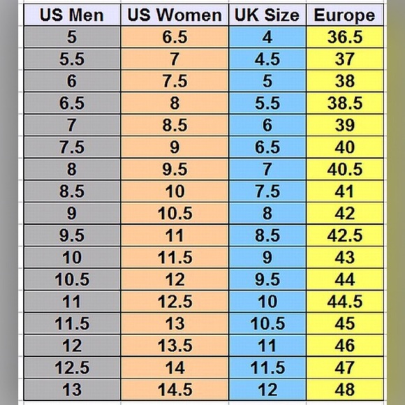 Size Chart for sneakers results may vary.