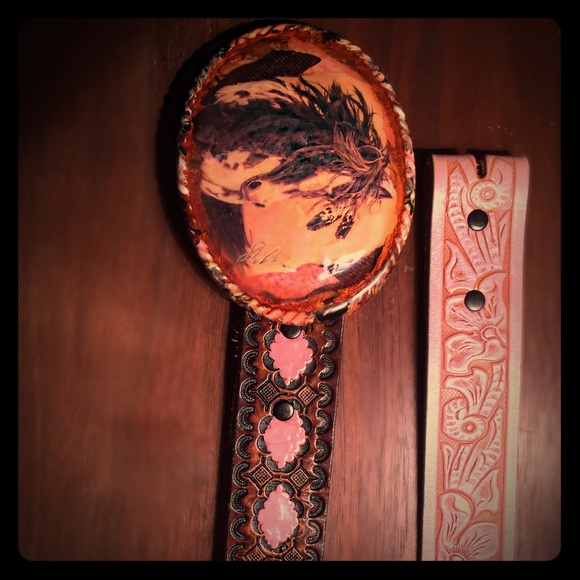 Vintage handmade belt buckle & two leather  belts