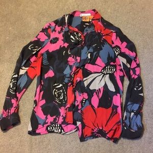 Tory Burch Pink Navy Floral Silk Ruffle Blouse