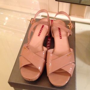 Prada cork platform heeled nude patent sandals!
