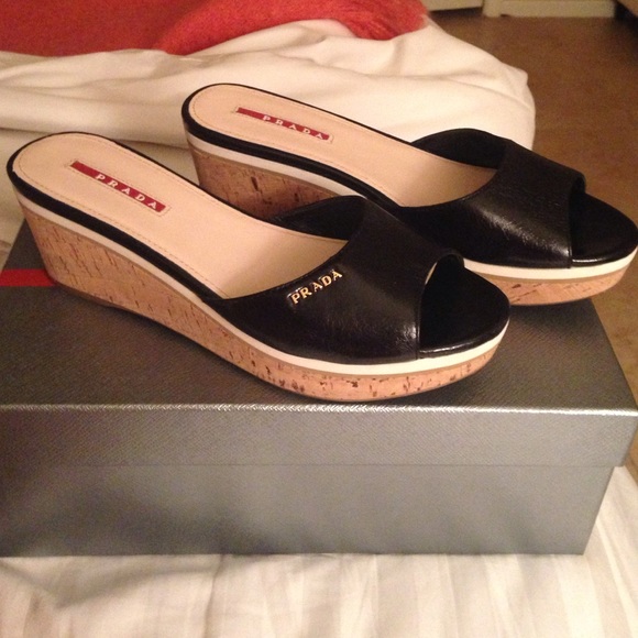 Authentic Prada Calfskin black cork wedge