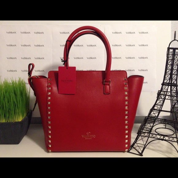 NEw-Valentino Garavani Rockstud Red Tote Bag - Picture 2 of 3