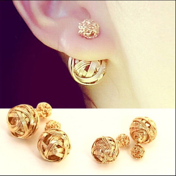 Double Sided Wire Ball Earrings - Gold