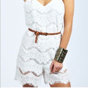 White, crochet jumpsuit.