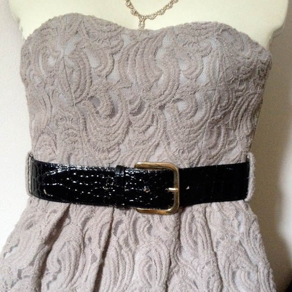 Beige w/ Lace Overlay Strapless Party Dress