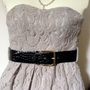 Beige w/ Lace Overlay Strapless Party Dress