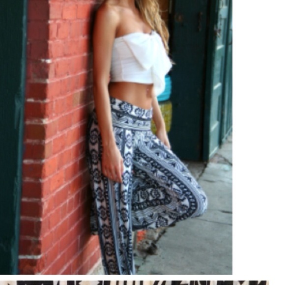 Black/White Stretchy Fold Over Waist Palazzo Pants - Picture 2 of 5