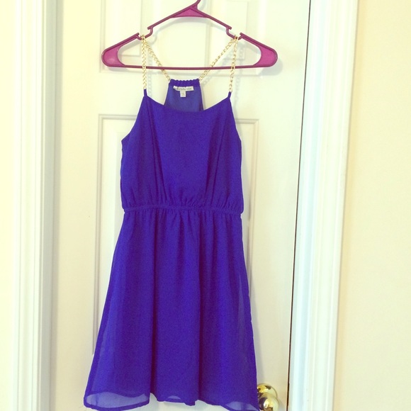 Royal blue chiffon dress with gold chain neck