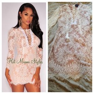 White nude illusion long sleeve dress