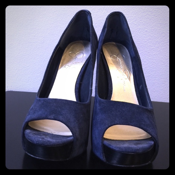 Jessica Simpson blue suede peep toe pumps