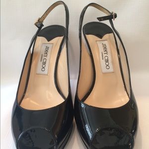 Jimmy Choo Black Patent Leather Peep Toe Heels
