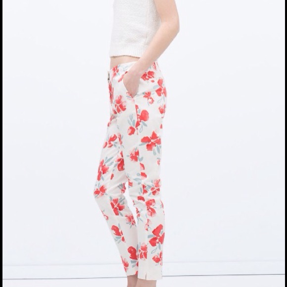 NWT Zara floral white cotton crop pants skinny - Picture 2 of 4