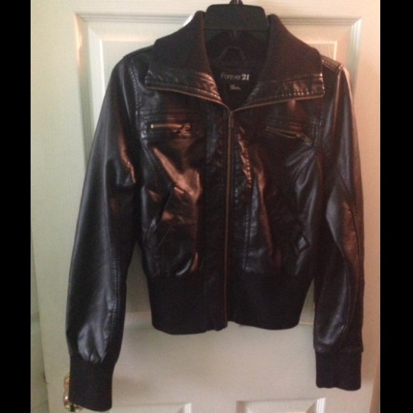 Black faux leather bomber