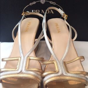 Prada wedge sandal with gold and silver straps